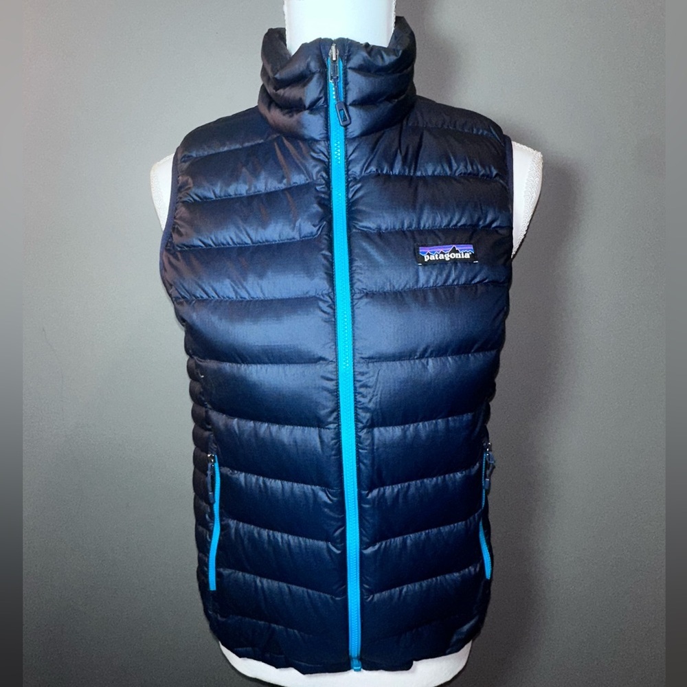 Patagonia Women’s Down Puffer Vest Navy & Turquoise Zip Front Size Small - Picture 3 of 9